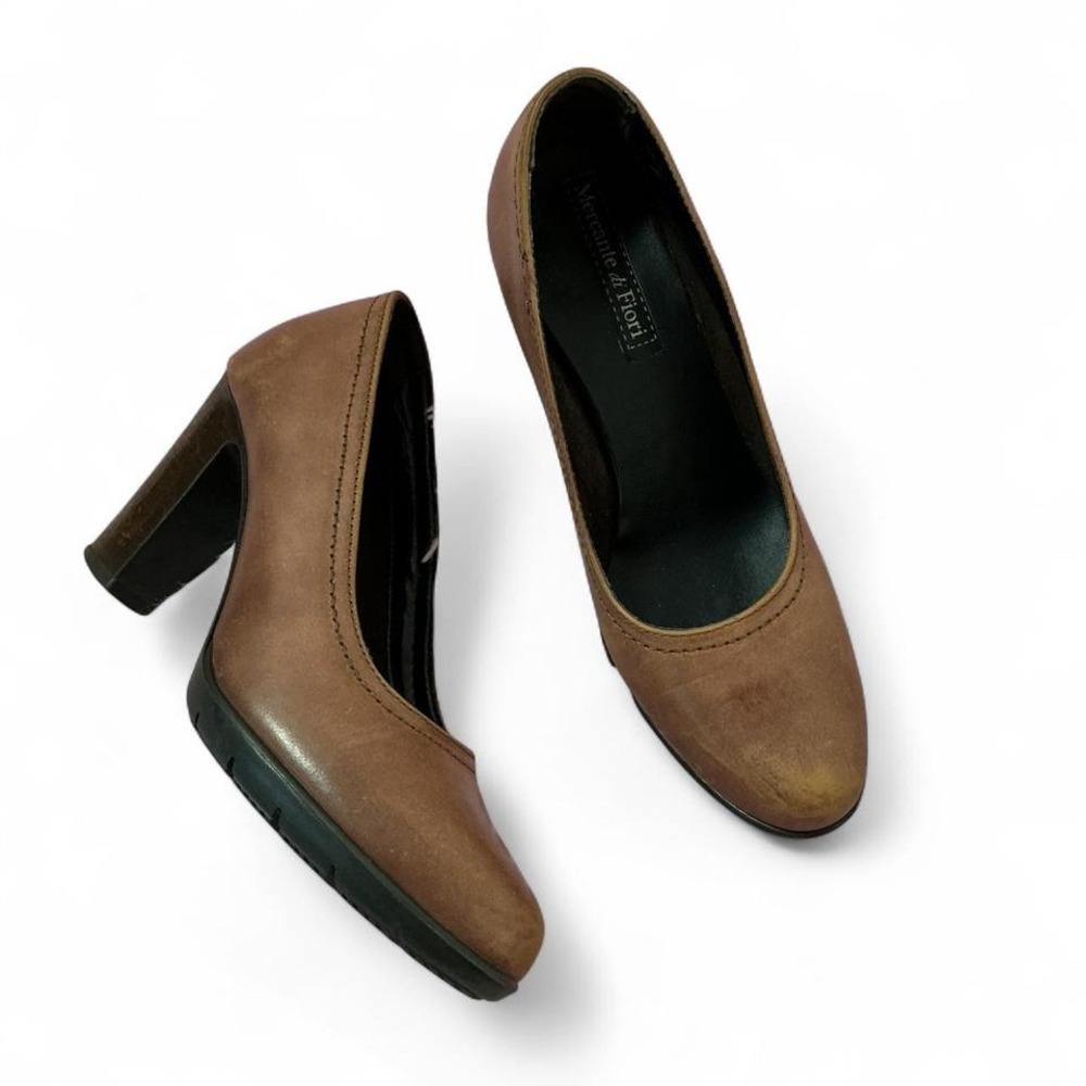 Mercante di‎ Fiori Brown Leather Block Heel Pumps Classic Shoes Italy Preppy